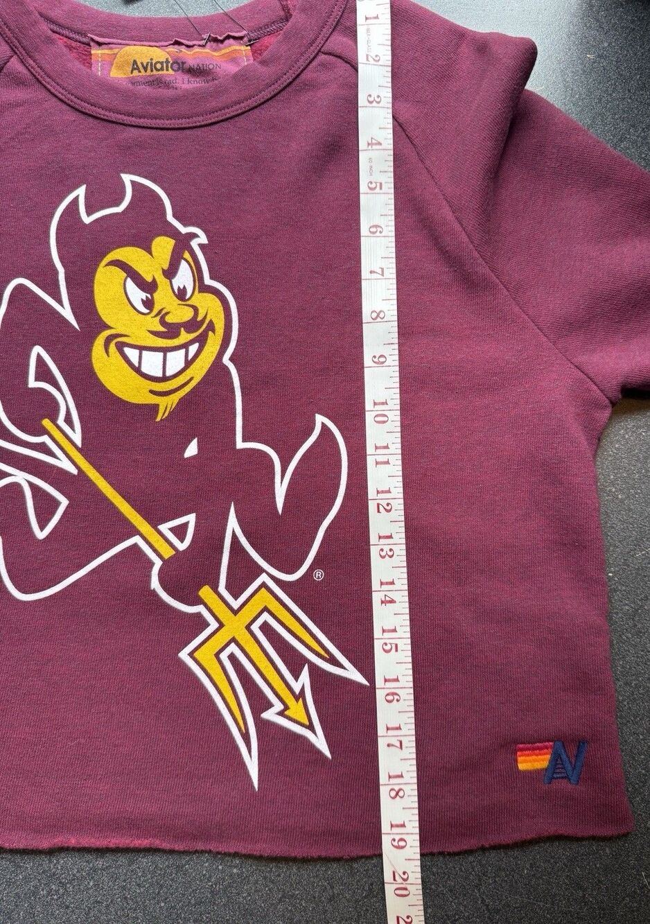 NWT Aviator Nation Bolt ASU S Cropped Crew Sweatshirt Maroon Devil Arizona State - Picture 9 of 9